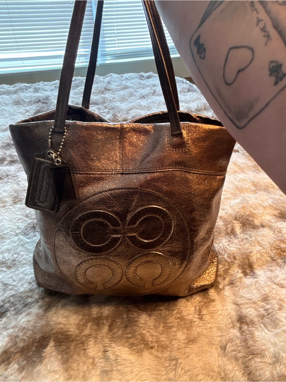 Coach Metallic Bronze Leather Tote with Signature Logo